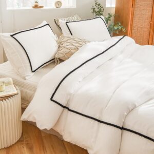 White Bedding Mini Pompom Duvet Cover Set Mini Cute Black Pom Pom Balls Fringe Design Boho Aesthetics Bedding Sets Queen 1 Pompom Duvet Cover 2 Pillowcases (Queen, White)…