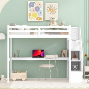 meritline twin loft bed with desk and stairs,wooden loft bed twin with storage, kids loft bed with steps for girls boys bedroom, dorm(twin,white)