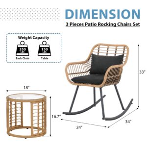 JOIVI 3 Piece Outdoor Rocking Chair Set, PE Wicker Patio Porch Furniture Set, Rocking Bistro Conversation Set with Glass Coffee Table and Black Cushions for Balcony, Garden, Front Porch, Indoor