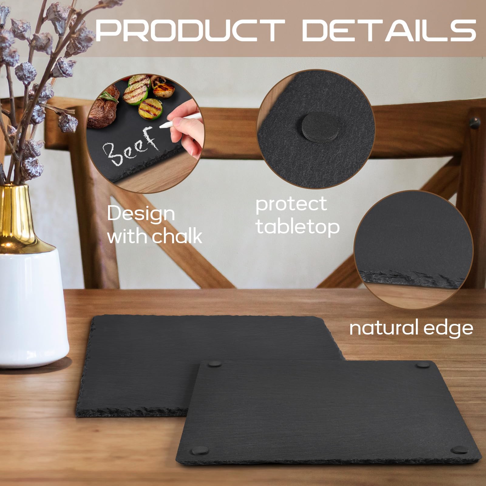 GOH DODD 12 x 12 Inch 3 Pieces Slate Cheese Boards, Square Black Stone Plates Placemats Gourmet Serving Tray Display Chalkboard for Charcuterie Meat Fruit Meat Appetizers Fruits Sussi Christmas