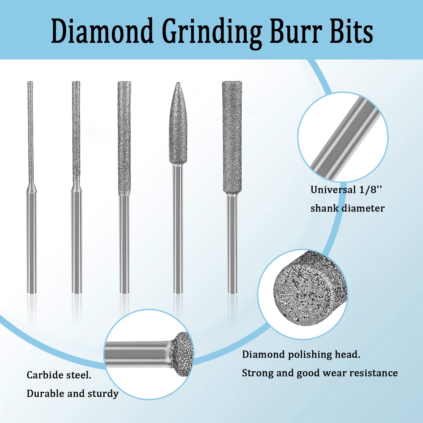 Stone Carving Set Diamond Burr Bits Compatible with Dremel, 11PCS Polishing Kits Rotary Tools Small Long Cone Accessories with 1/8’ Shank For Carving, Engraving, Grinding, Stone, Rocks, Jewelry, Glass