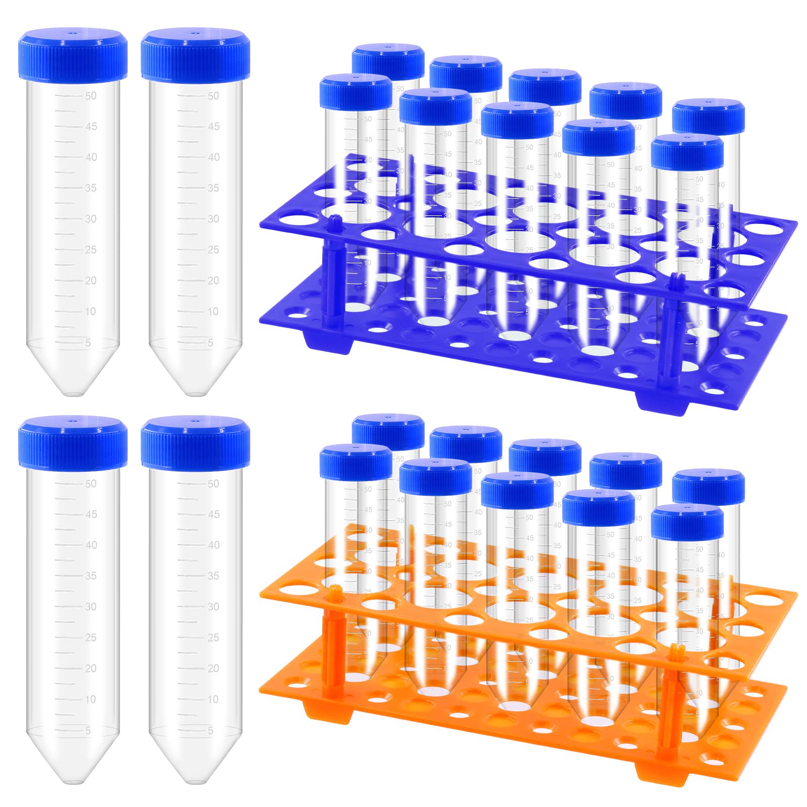 Mardatt 27Pcs 50mL Conical Centrifuge Tubes and 28 Well Centrifuge Tube Holder Set, Polypropylene Sterile Lab Test Tubes with Screw Caps and Graduated Marks, Detachable Plastic Stand for Laboratory