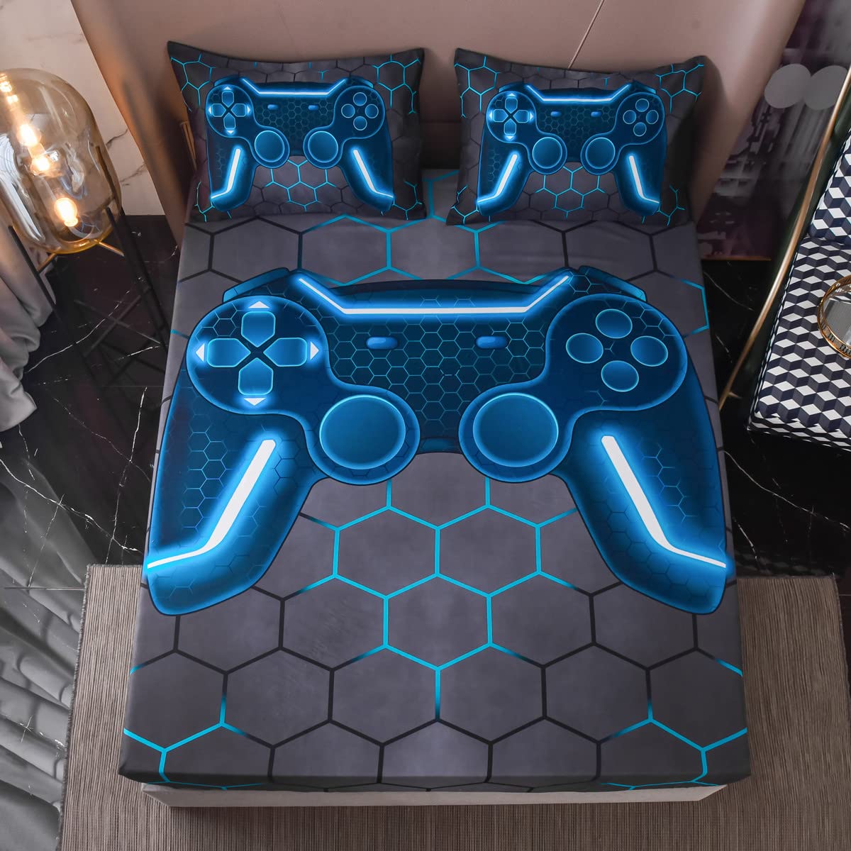 NTBED Game Console Fitted Sheet Set for Boys Girls Kids 3D Gaming Geometric Lightweight Gamer Microfiber Mattress Cover Sets(Blue,Twin)