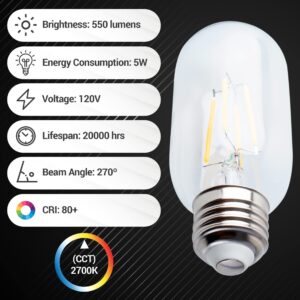 BlueStars Christmas Decoration T45 T14 Tubular E26 Edison LED Light Bulb 120V 5W (60W Equivalent), 2700K Warm White 550lm, Clear Glass for Ceiling Fan, Chandeliers, Pendant, Wall Scones, 3 Packs