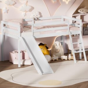 tolead low loft bed with slide, wood twin loft bed frame with climbing ladder & storage space for kids toddler (white)