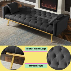 DNChuan Velvet Futon Sofa Bed,3 Seater/Plus-Loveseat Sleeper Sofa,Button Tufted with 2 Pillows and Gold Metal Legs, Easy Assembly-Black