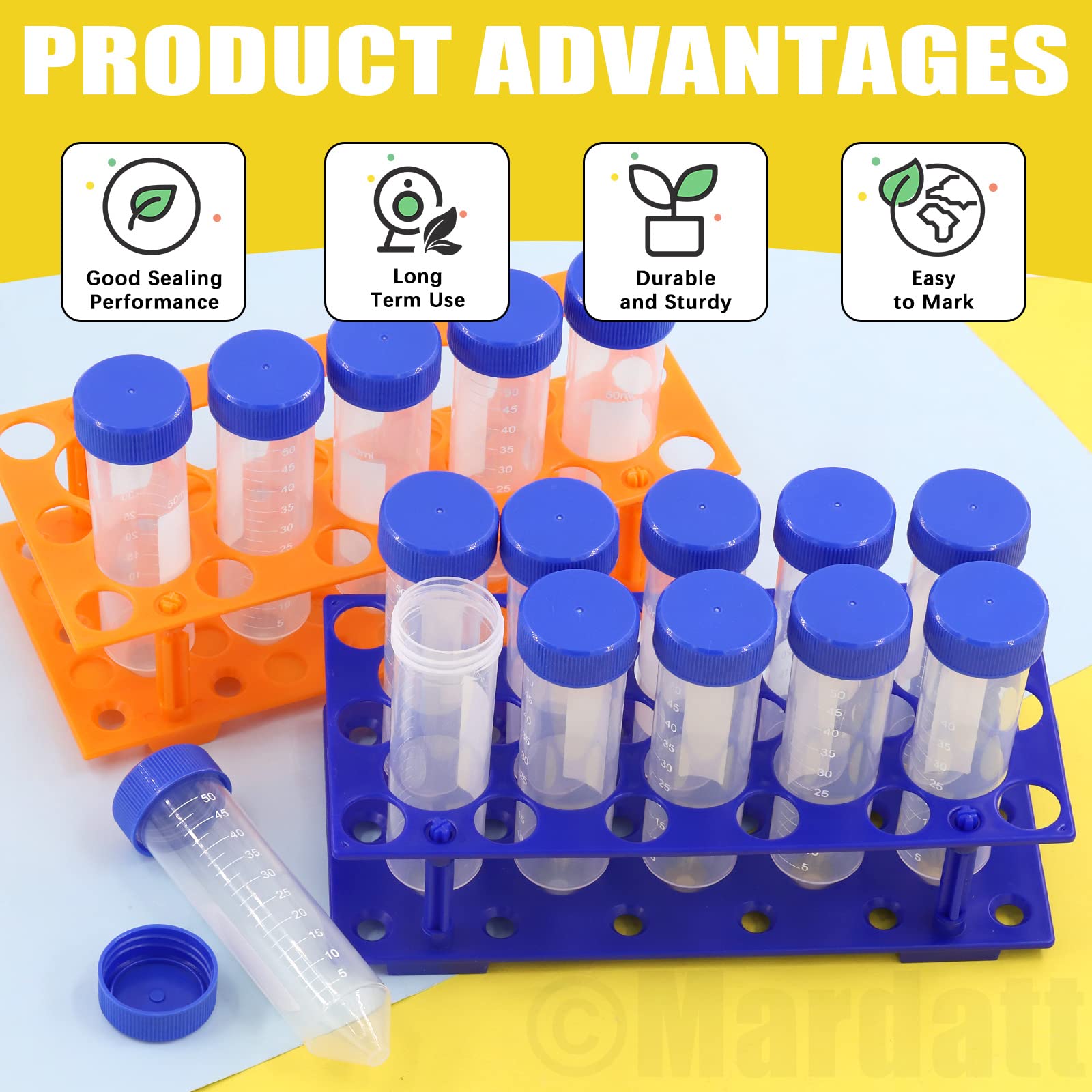 Mardatt 27Pcs 50mL Conical Centrifuge Tubes and 28 Well Centrifuge Tube Holder Set, Polypropylene Sterile Lab Test Tubes with Screw Caps and Graduated Marks, Detachable Plastic Stand for Laboratory