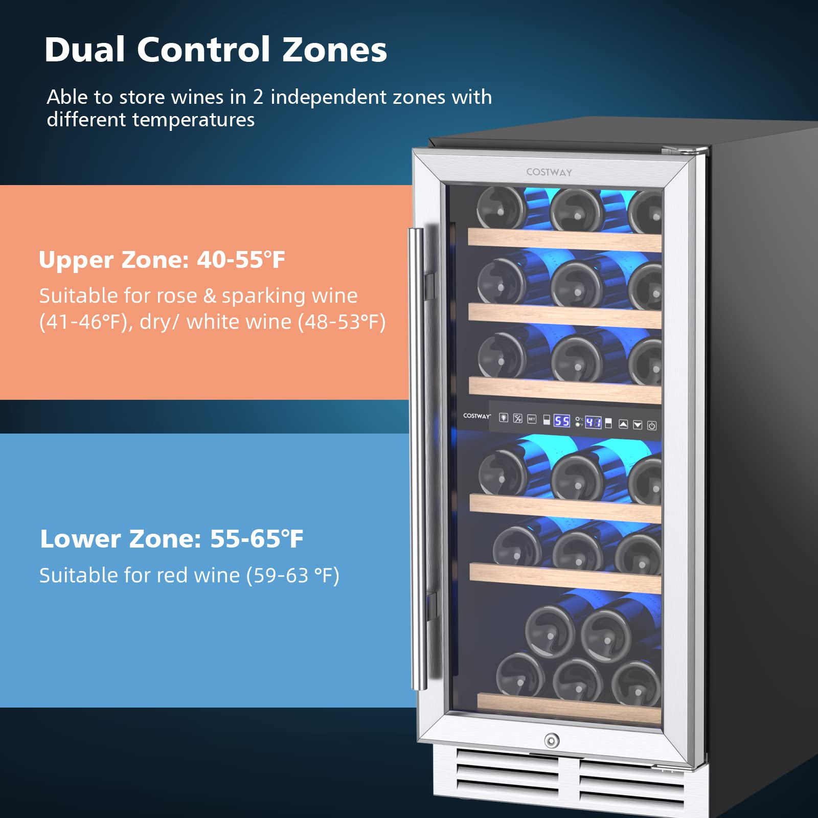COSTWAY 15 5-Inch, 30-Bottle Cellar with Lock, Glass Door, Memory Temp Control, Freestanding & Built-in Mini Fridge for Bar Kitchen Home Wine Cooler Refrigerator, 15 Inch Dual Zone, Black