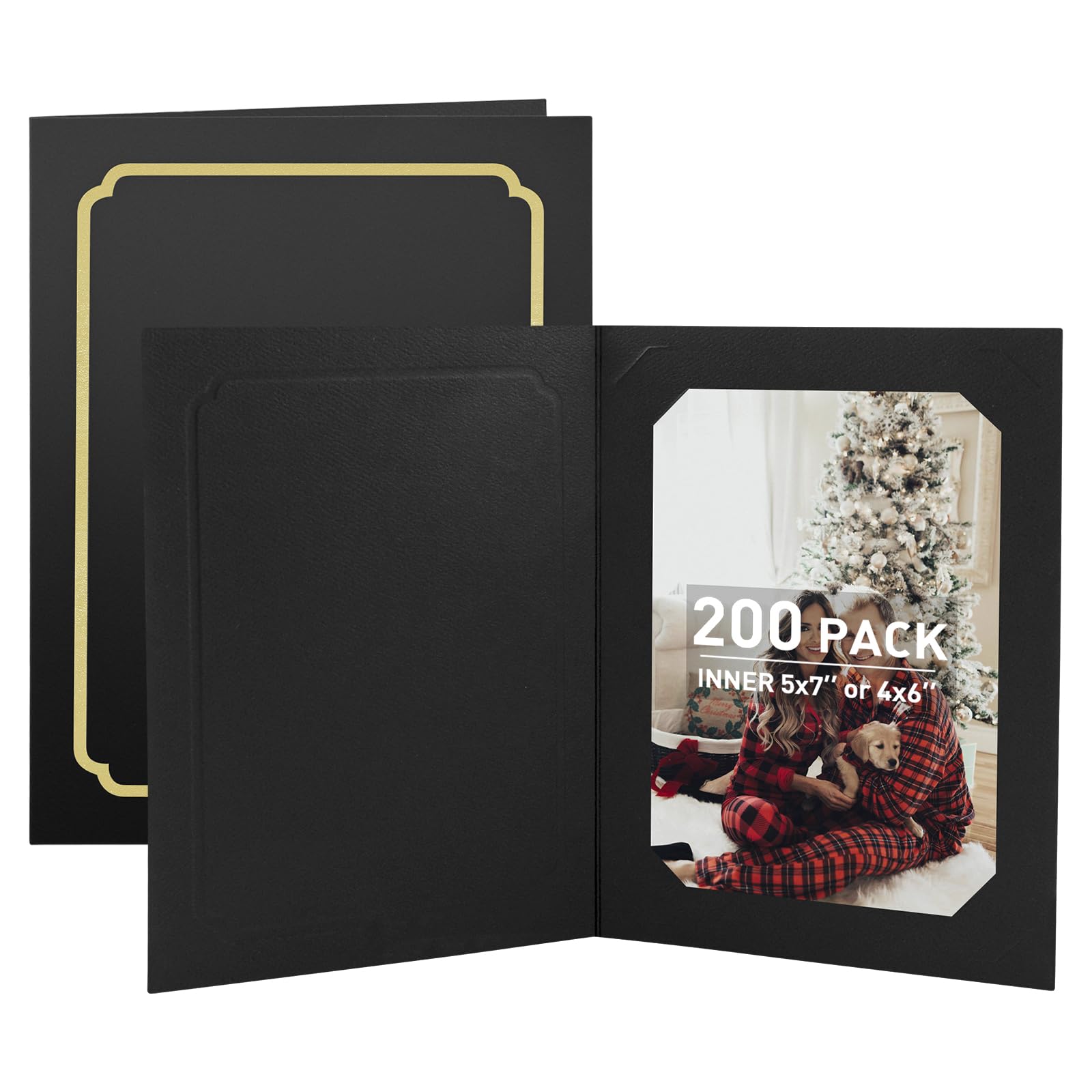 Golden State Art, Pack of 200, 4x6/5x7 Photo Folders, Cardboard Picture Frame, Paper Photo Frame Cards, Greetings/Invitation Cards, Special Events: Graduation, Christmas, Wedding (Black Gold Lining)