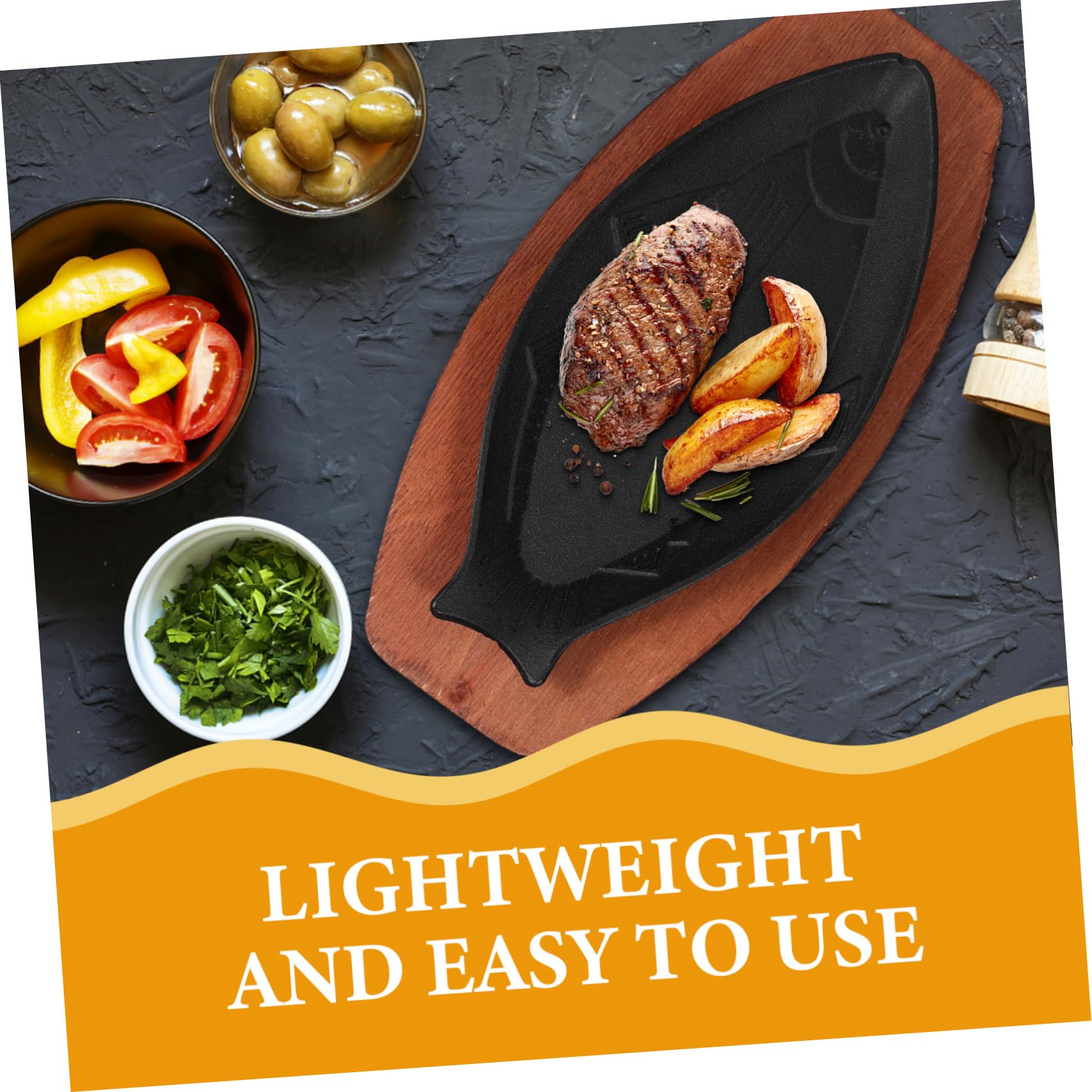 Operitacx Cast Iron Pan 1 Set Fish Shaped Frying Pan with Wood Base Cast Iron Grilling Griddle Plate Japanese Teppanyaki Steak Frying Pan Barbecue Pan For Home Kitchen Cast Iron Pizza Pan