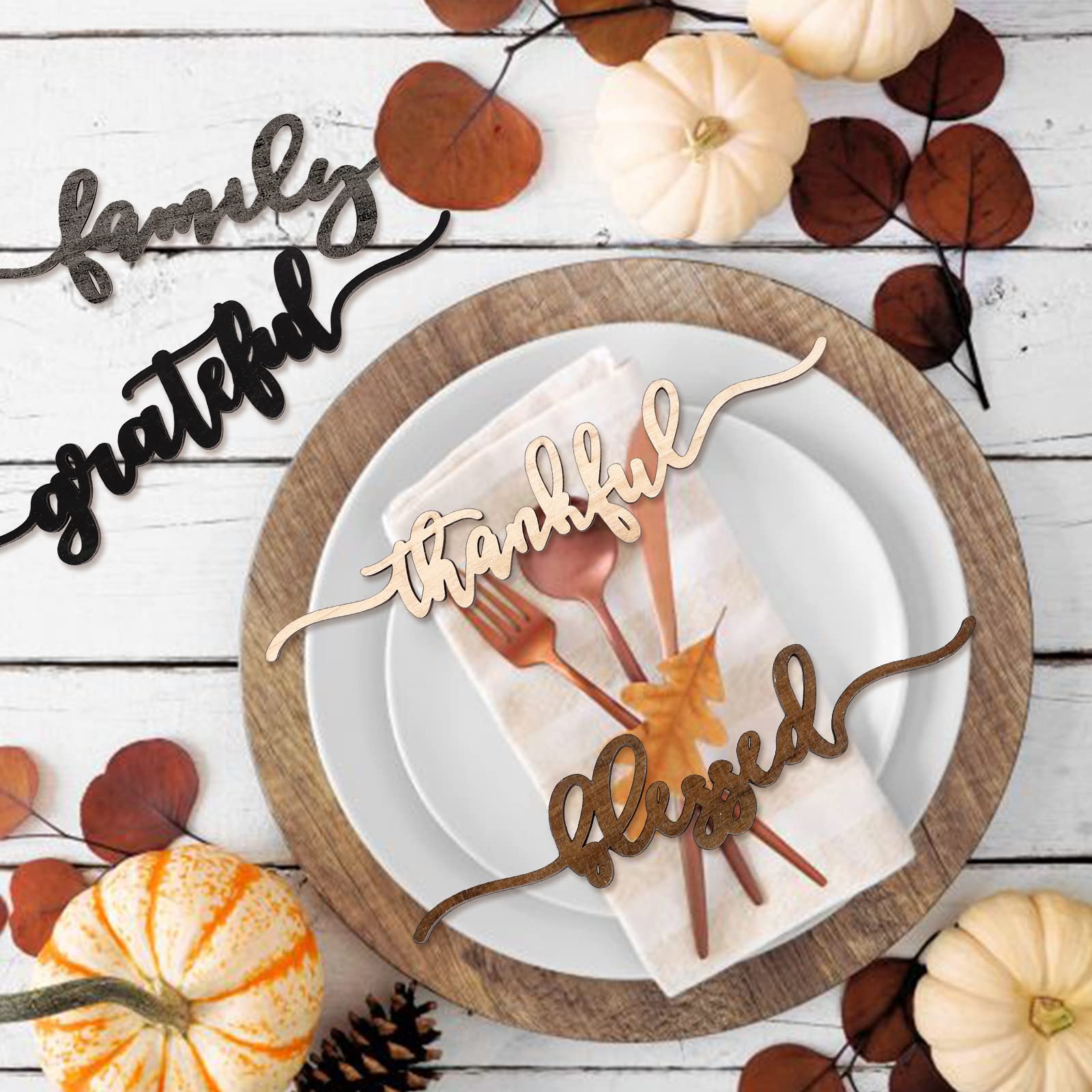 Whaline 12Pcs Fall Thanksgiving Plate Decoration Grateful Thankful Blessed Family Wooden Cutout Cards Sign Autumn Harvest Table Plate Ornament for Home Table Farmhouse Party Supplies