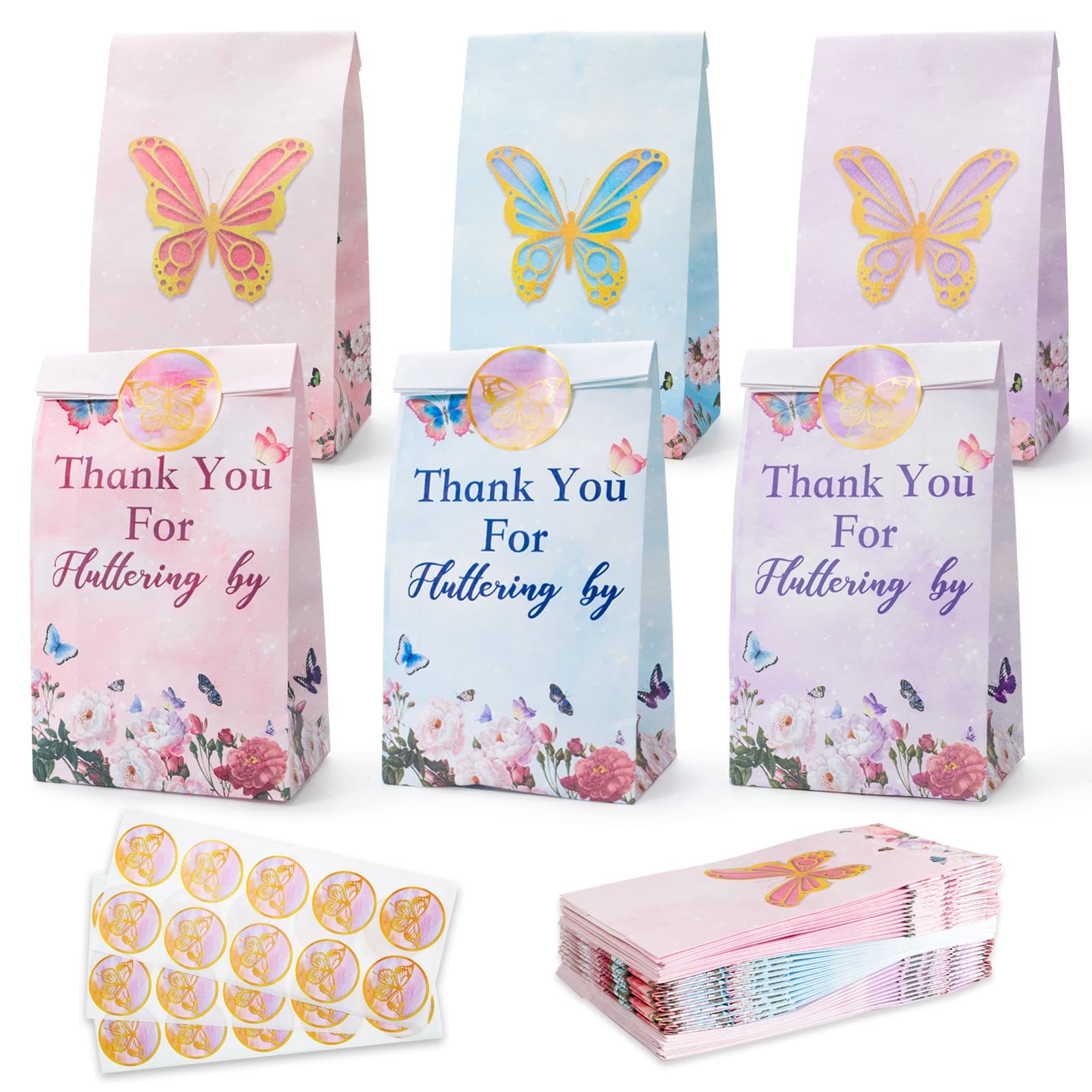 HEJIN Butterfly Candy Bags 30 PCS Gift bags with Stickers Pink and Purple - Thank you Party Favor Goodie Bags - Medium Butterflies Candy Treat Bags for Girls Kids Birthday Party, Baby Shower, Easter