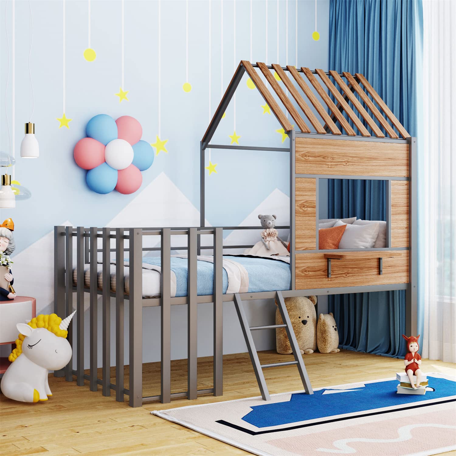 Bellemave Twin House Beds Low Loft Bed Frames Metal Toddler Tree House Bed with Windows and Roof for Kids Teens Girls Boys, Silver