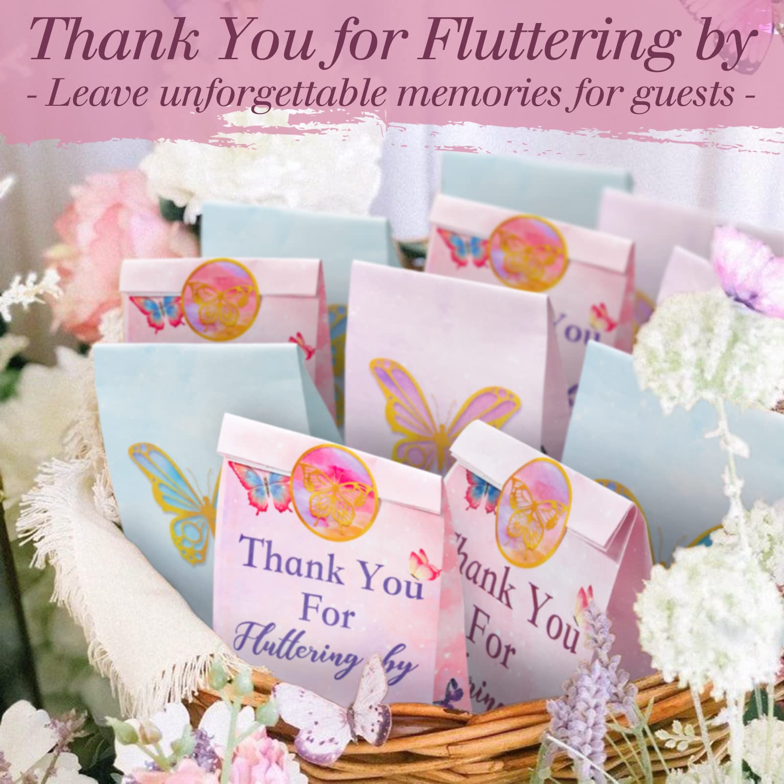 HEJIN Butterfly Candy Bags 30 PCS Gift bags with Stickers Pink and Purple - Thank you Party Favor Goodie Bags - Medium Butterflies Candy Treat Bags for Girls Kids Birthday Party, Baby Shower, Easter