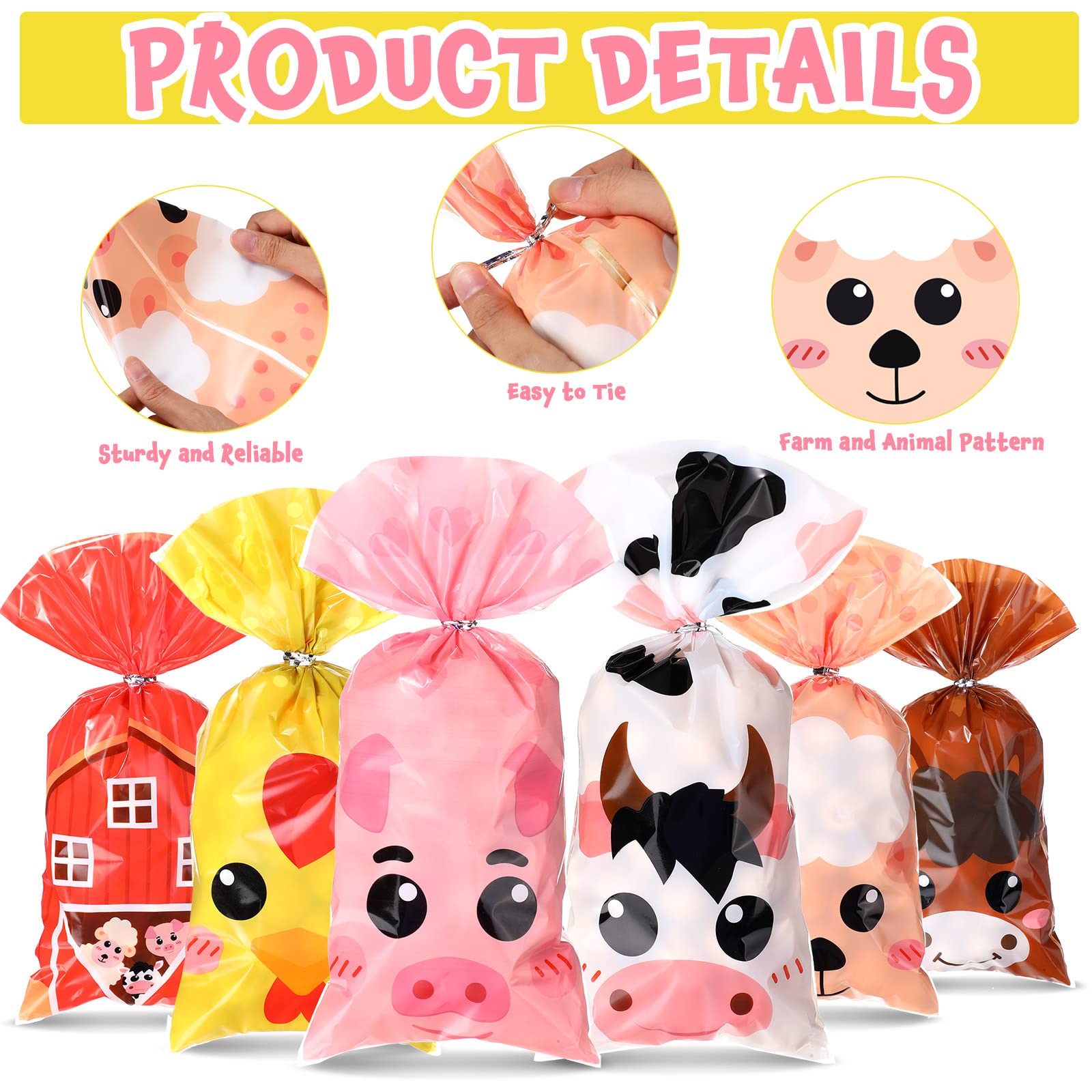 Pajean 120 Pieces Farm Animal Party Favor Bags, Plastic Candy Goodies Gift Treat Bags Farmhouse Decor for Baby Shower Boys Girls Kids Happy Birthday Party Decorations Supplies