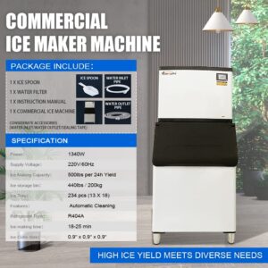 HPDAVV Commercial Ice Maker Machine 500lbs/24H 220V 440lbs Ice Storage Capacity Automatic Cleaning Ice Machine Professional Refrigeration Equipment