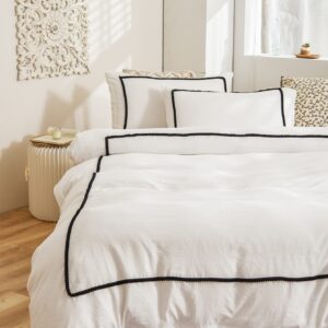 White Bedding Mini Pompom Duvet Cover Set Mini Cute Black Pom Pom Balls Fringe Design Boho Aesthetics Bedding Sets Queen 1 Pompom Duvet Cover 2 Pillowcases (Queen, White)…