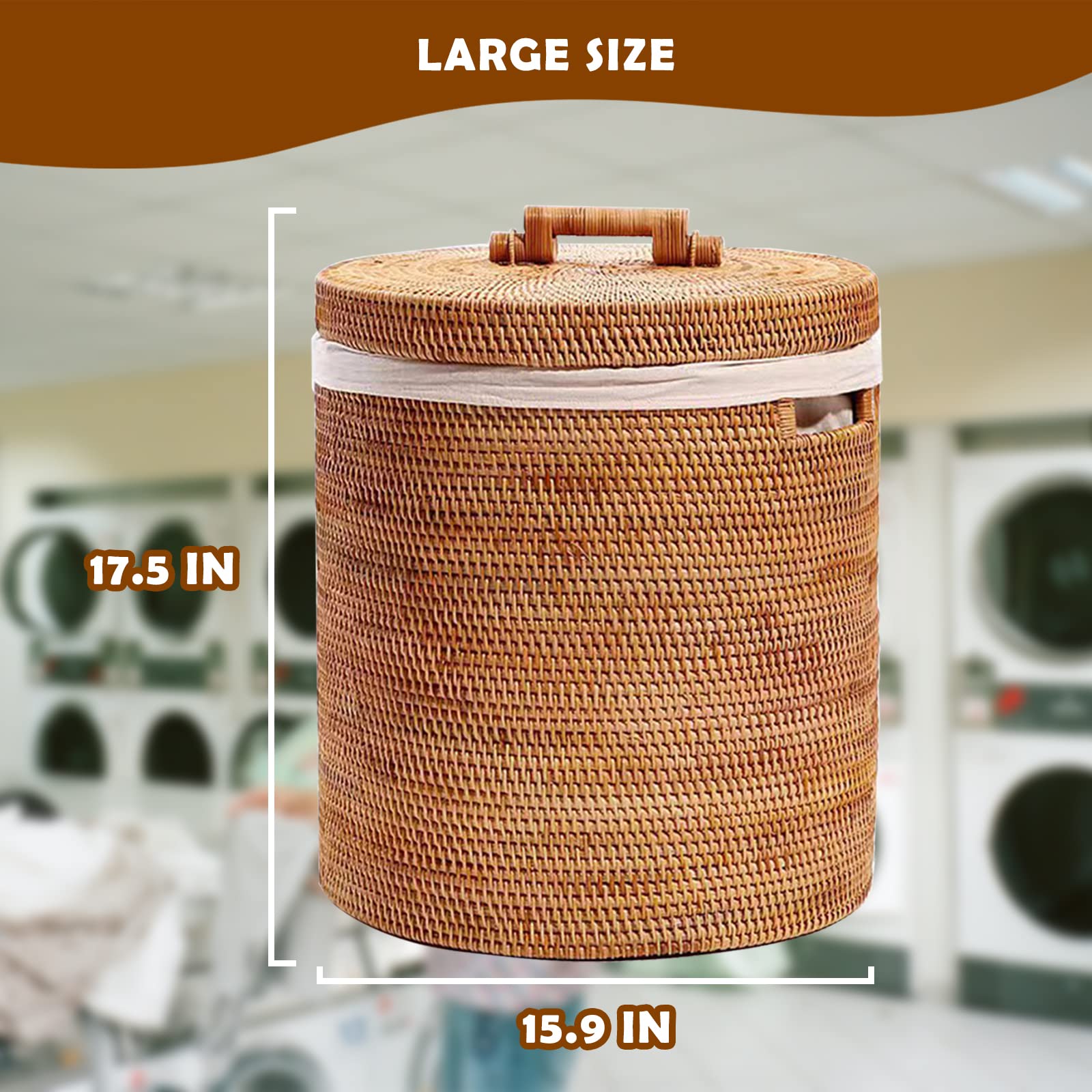 Rattan Laundry Hampers, Natural Honey Brown Hand-woven Rattan Large Laundry Basket, Clothes Hamper, Waste Basket, Clothes Hamper Storage with Handle for Laundry Room, Bedroom, Living Room