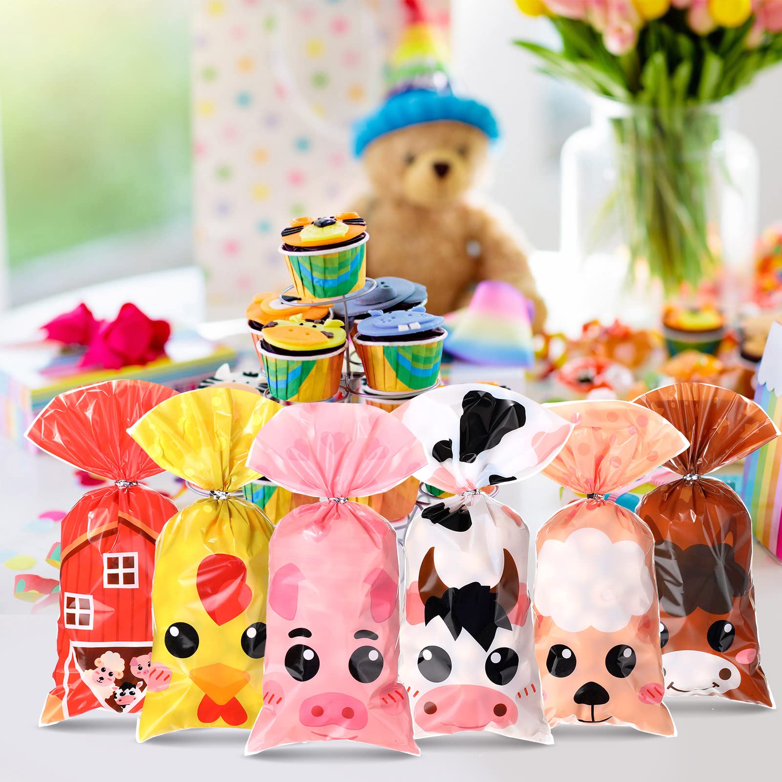 Pajean 120 Pieces Farm Animal Party Favor Bags, Plastic Candy Goodies Gift Treat Bags Farmhouse Decor for Baby Shower Boys Girls Kids Happy Birthday Party Decorations Supplies