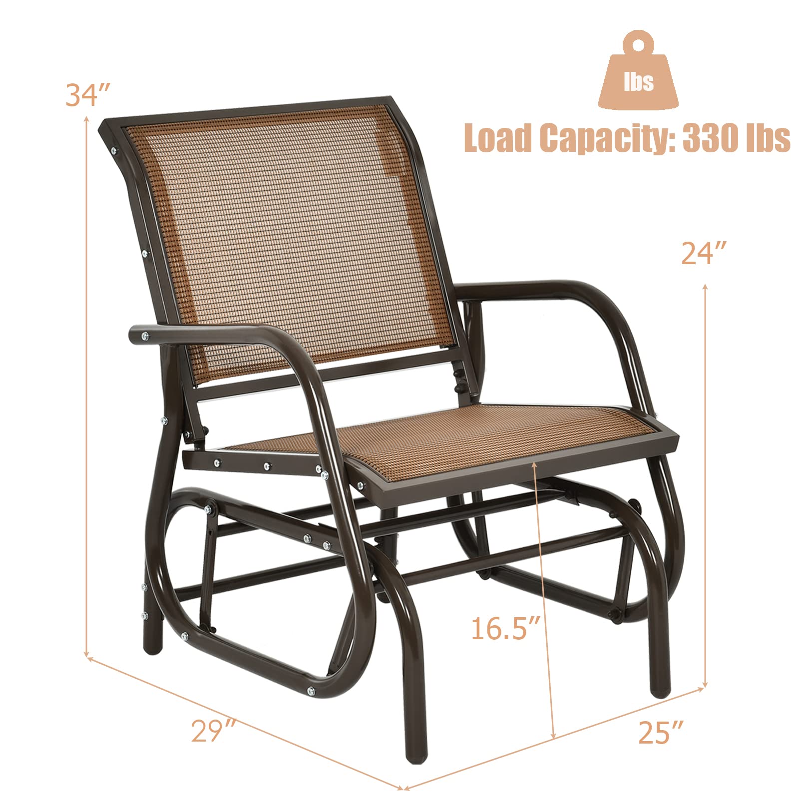 Tangkula Swing Glider Chair, Ergonomic Rocking Chair with Comfortable Fabric, Iron Frame, 4 Non-Slip Foot Pads, Outdoor Patio Glider Rocker Chair for Living Room, Garden, Backyard