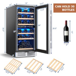 COSTWAY 15 5-Inch, 30-Bottle Cellar with Lock, Glass Door, Memory Temp Control, Freestanding & Built-in Mini Fridge for Bar Kitchen Home Wine Cooler Refrigerator, 15 Inch Dual Zone, Black