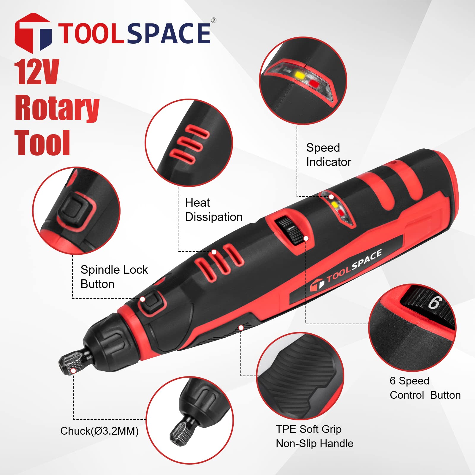 TOOLSPACE 12V Cordless Rotary Tool Kit - 6 Variable Speeds USB Charging Power Rotary Tools for Engraving, Sanding, Polishing, Cutting, Grinding, Wood Carving, DIY and Craft Projects