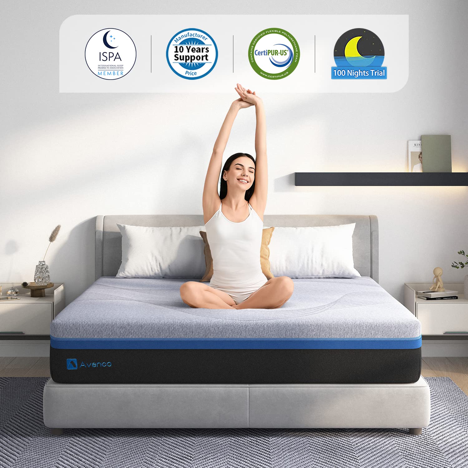 Avenco Queen Mattress, 10 Inch Gel Memory Foam Mattress Queen Size Mattress with Breathable Cover for Cool Sleep, Pressure Relieving, Bed in a Box Medium Firm Supportive, CertiPUR-US Certified