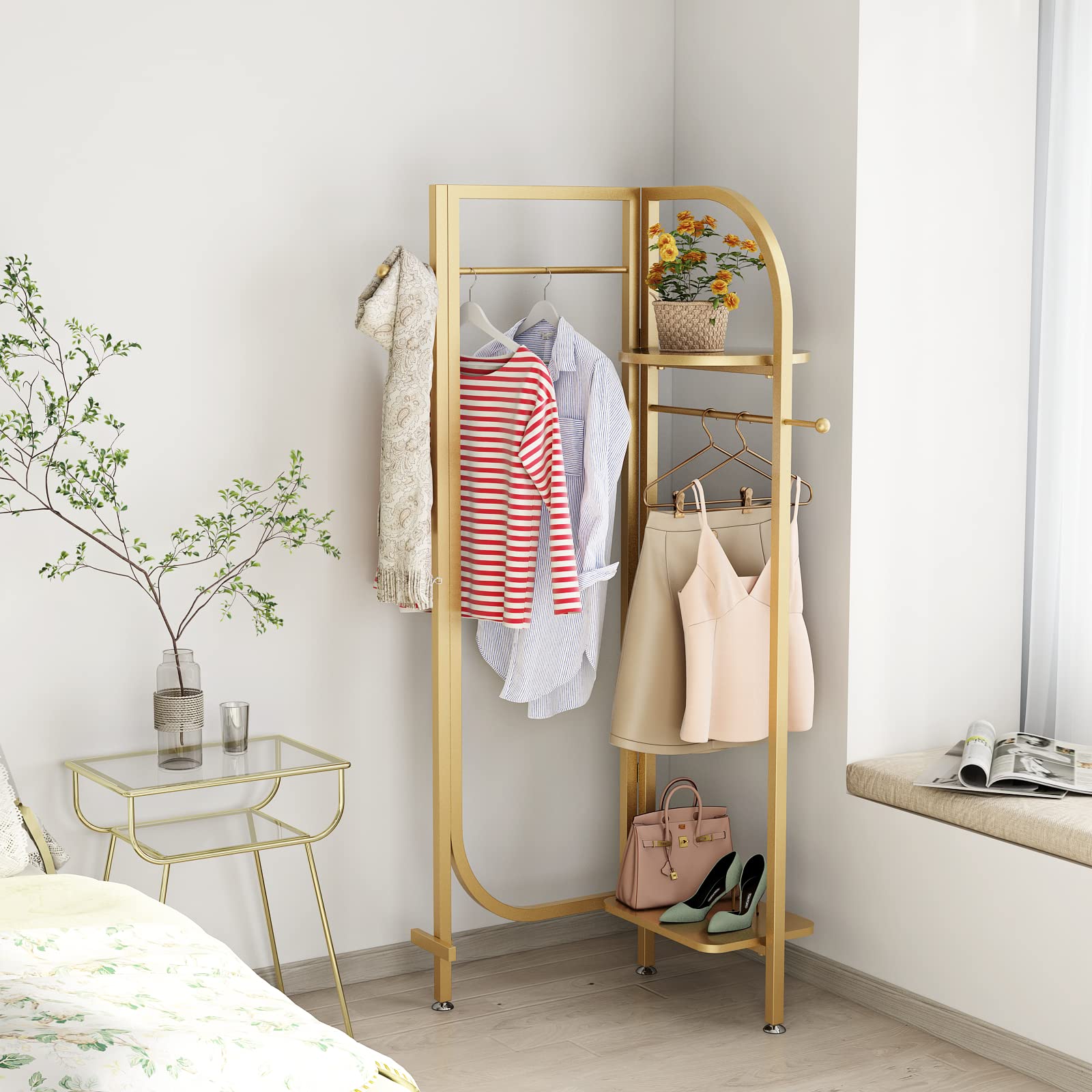 DOORXIFO Corner Gold Metal Clothing Racks,Heavy Duty Freestanding Clothes Racks Coat Rack for Hallway Entryway,Design Unique Garment racks Display Racks for Hanging Clothes