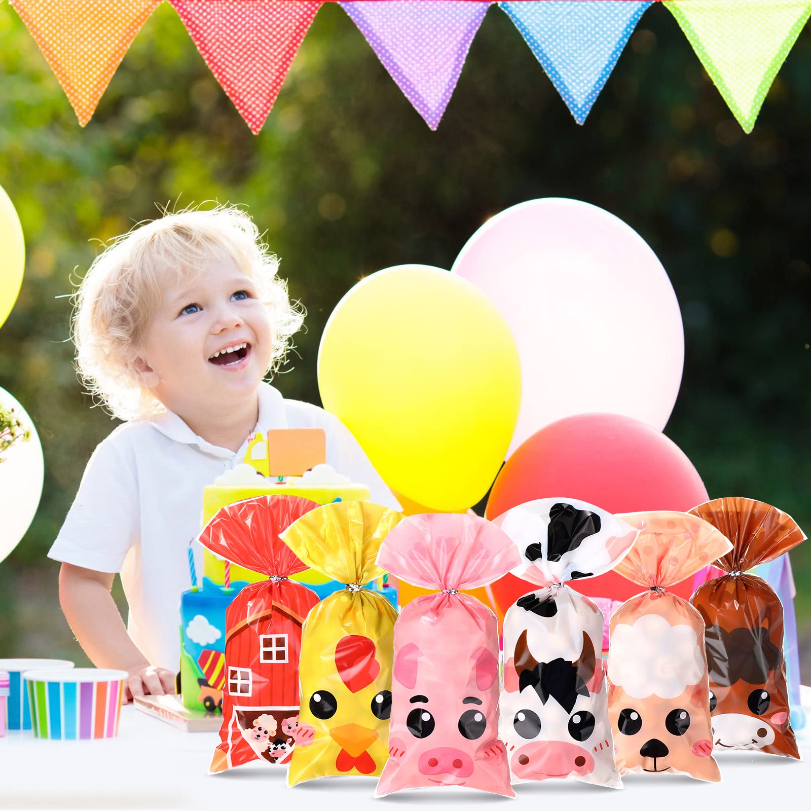 Pajean 120 Pieces Farm Animal Party Favor Bags, Plastic Candy Goodies Gift Treat Bags Farmhouse Decor for Baby Shower Boys Girls Kids Happy Birthday Party Decorations Supplies