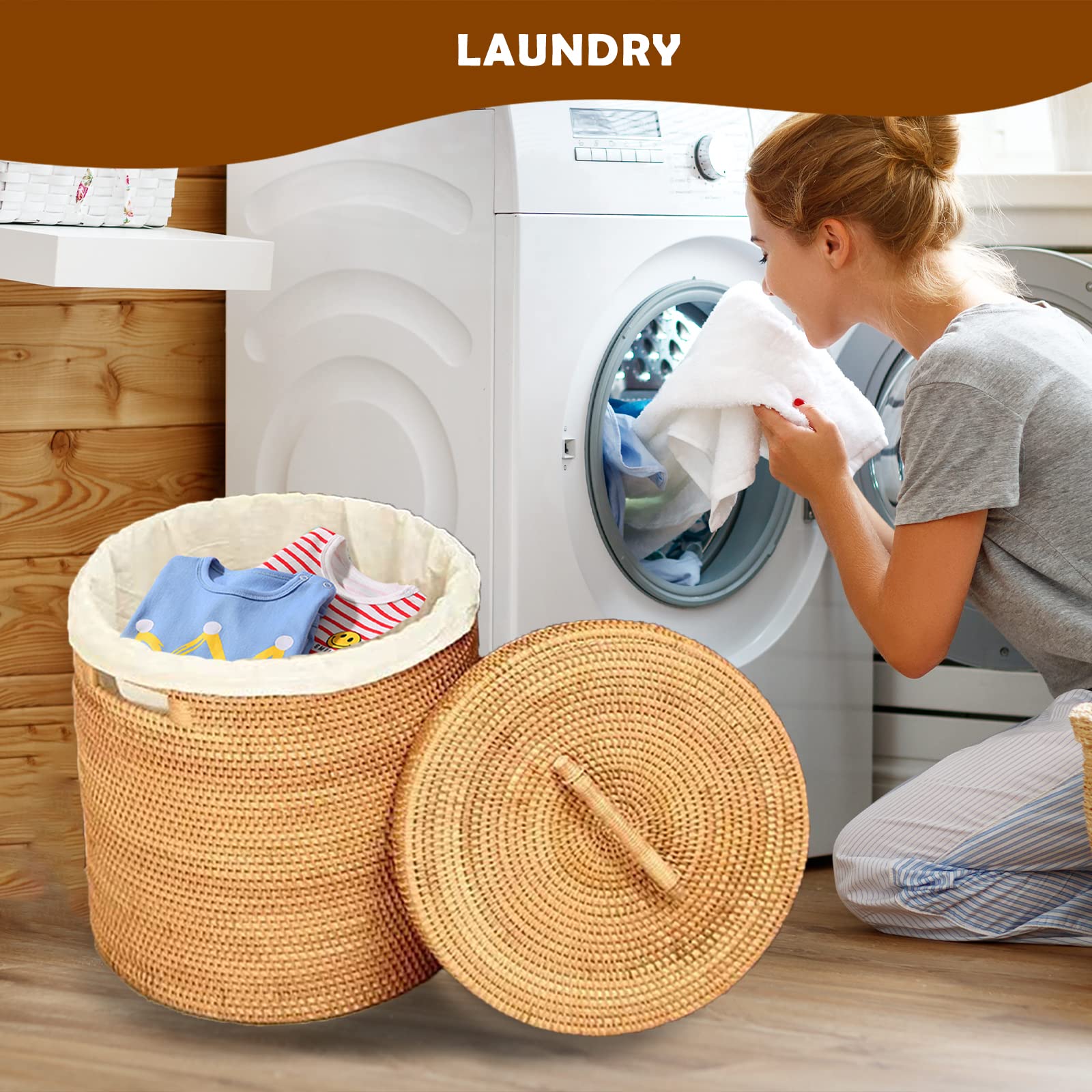 Rattan Laundry Hampers, Natural Honey Brown Hand-woven Rattan Large Laundry Basket, Clothes Hamper, Waste Basket, Clothes Hamper Storage with Handle for Laundry Room, Bedroom, Living Room