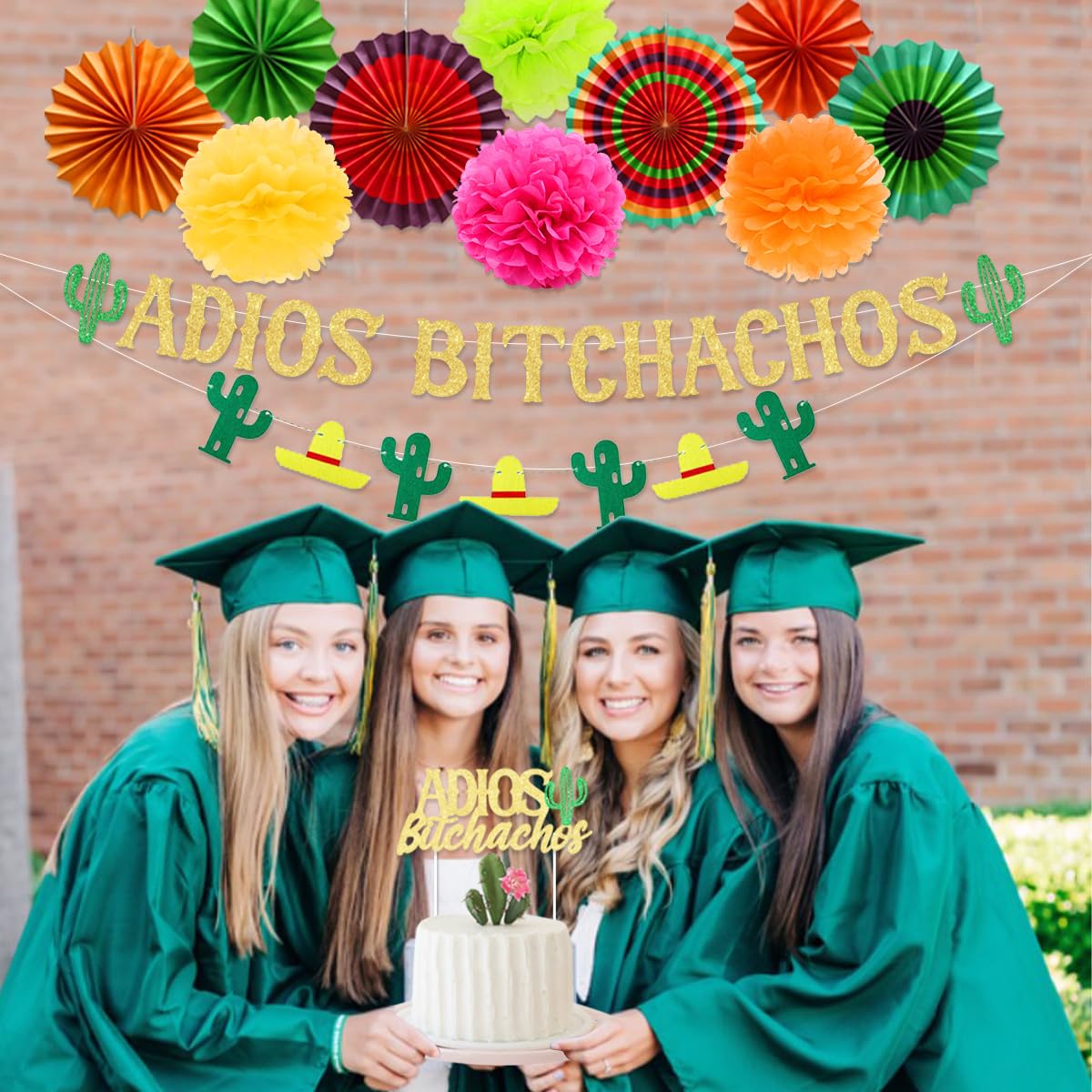 Sursurprise Adios Bitchachos Decorations Banner Cake Topper Paper Fan Pom Poms for Fiesta, Going Away, Farewell, Career Change, Retirement, College Graduation Party Supplies