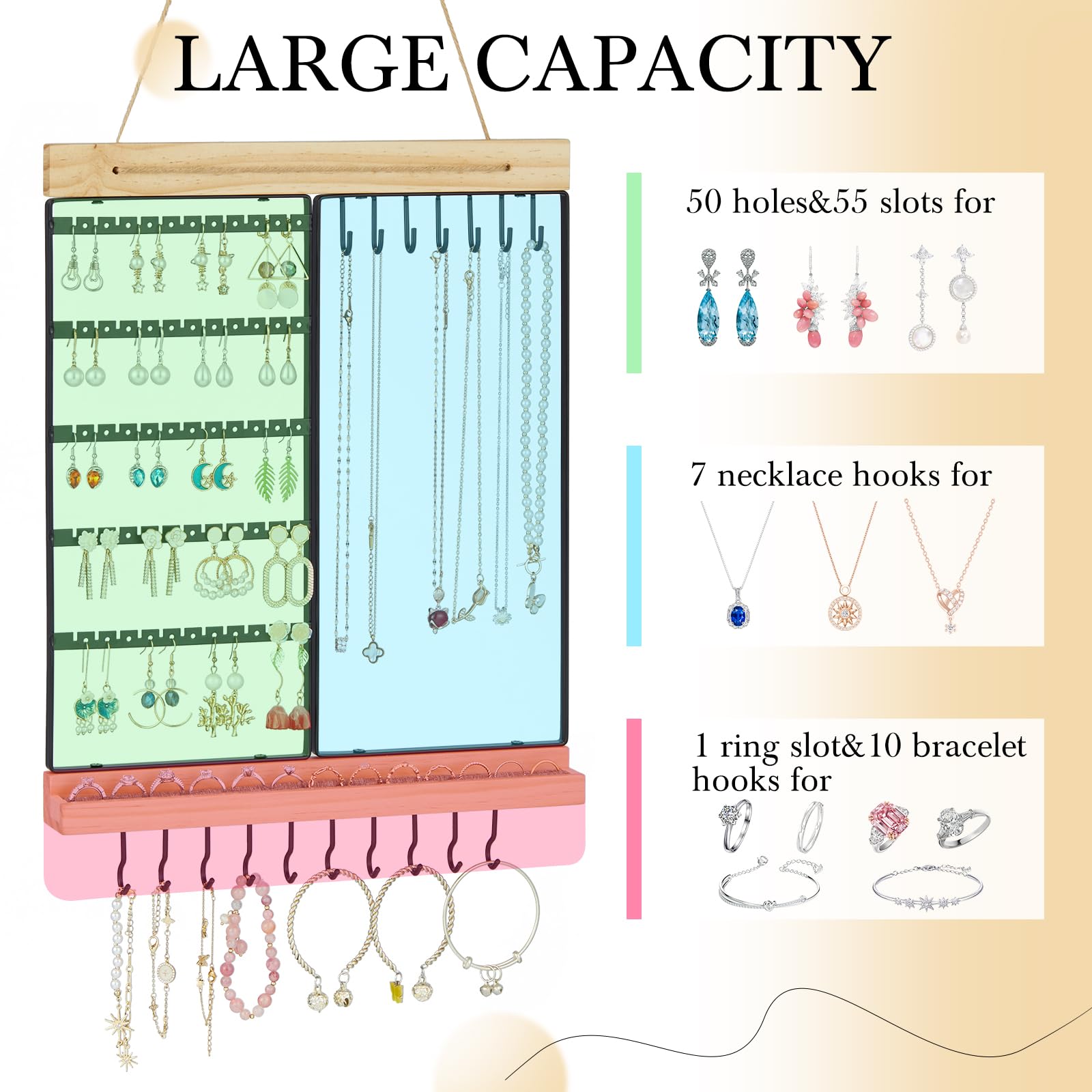 Feyejade Hanging Jewelry Organizer, 5-Tier Wall Earring Holder with Wooden Ring Groove, Jewelry Rack Wall Mounted for Earrings, Necklaces, Bracelets and Rings, Jewelry Holder Stand