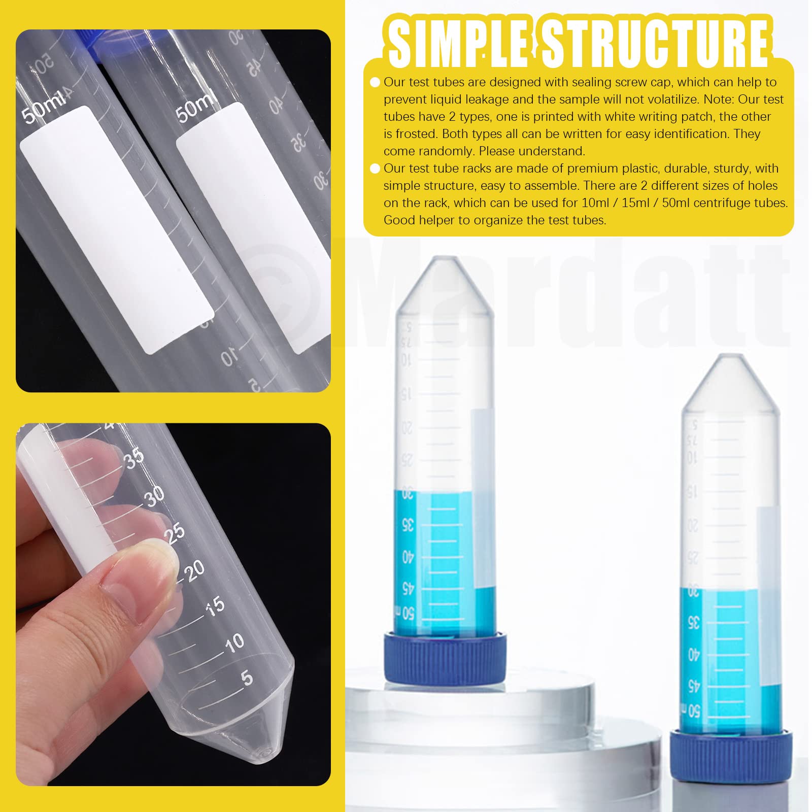 Mardatt 27Pcs 50mL Conical Centrifuge Tubes and 28 Well Centrifuge Tube Holder Set, Polypropylene Sterile Lab Test Tubes with Screw Caps and Graduated Marks, Detachable Plastic Stand for Laboratory