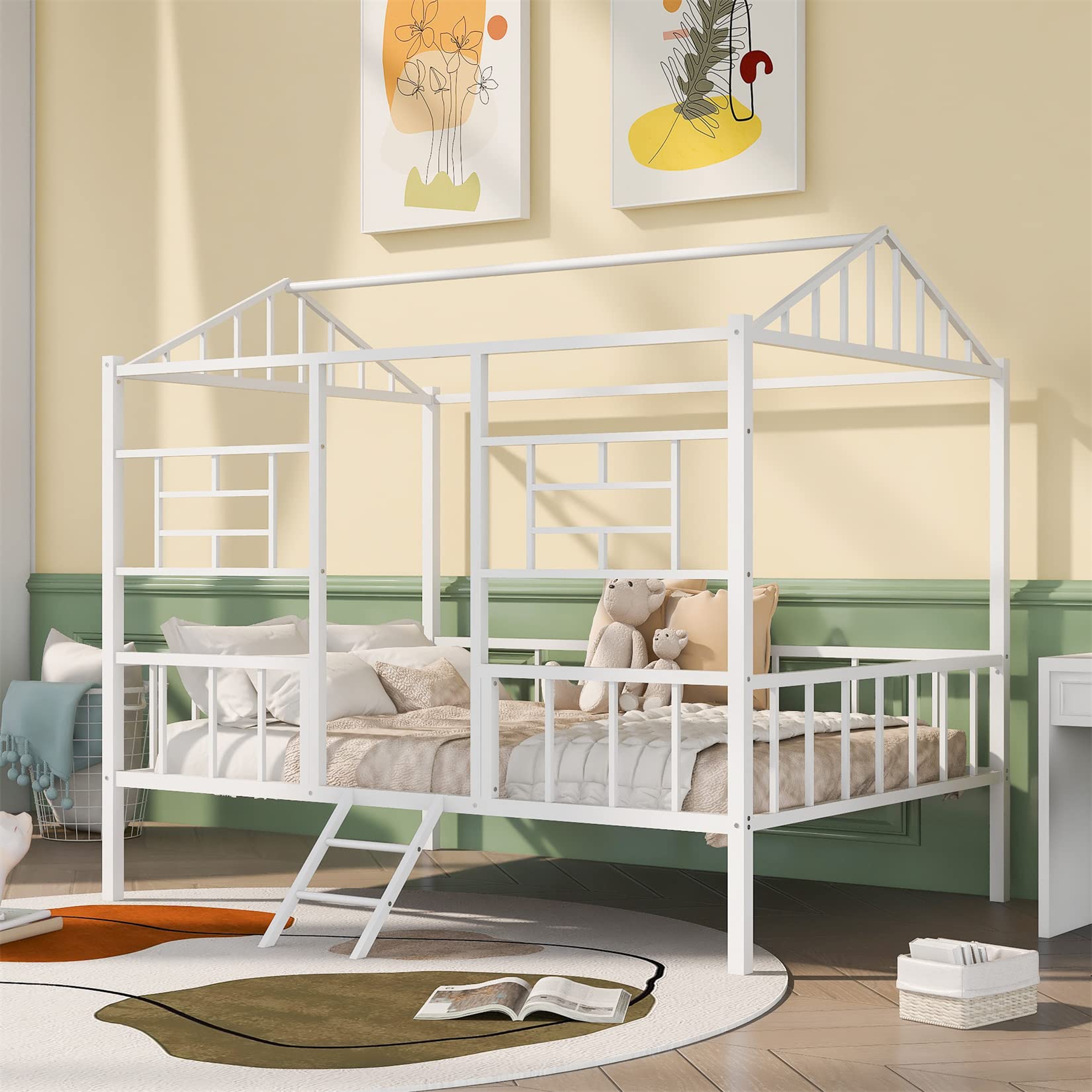 Full House Bed with Fence Railings Metal Cabin Bed Frame with Ladder Child Fun Tent Beds for Toddler Kids Boys Girls Teens, Full Size, White