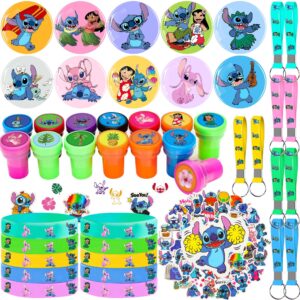 94pcs cartoon party supplies birthday party favors, include 10 silicone wristband,10 button pins,10 key chains,14 stamps, 50 stickers for kids, best for goodie bags