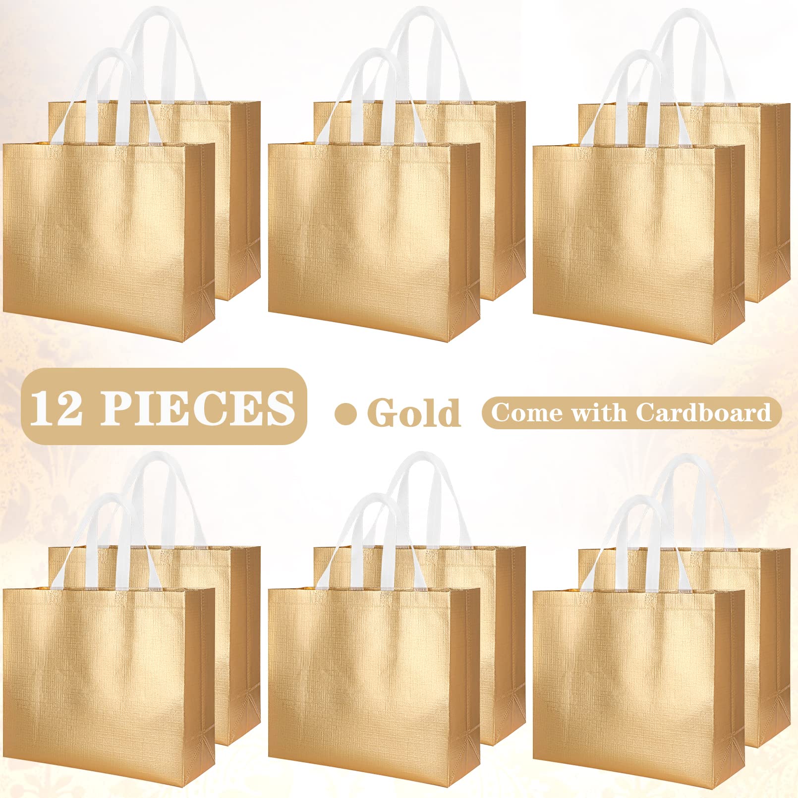 Rikkmte 12Pcs Reusable Gift Bags,Gold Glossy Tote Bags with Handle,Glossy Finish Grocery Bag,Non-woven Shopping Bags,Foldable Bridesmaids Bags Gift Bags for Women Bridesmaid Wedding Birthday Party