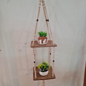 OAM Elegant Hanging Shelf - Wood Hanging Shelves - Farmhouse Rope Shelves for Bedroom Living Room Bathroom | Hanging Plant Shelf - Square 2 Tier Floating Shelf (Triangle Mount) | Black Beads