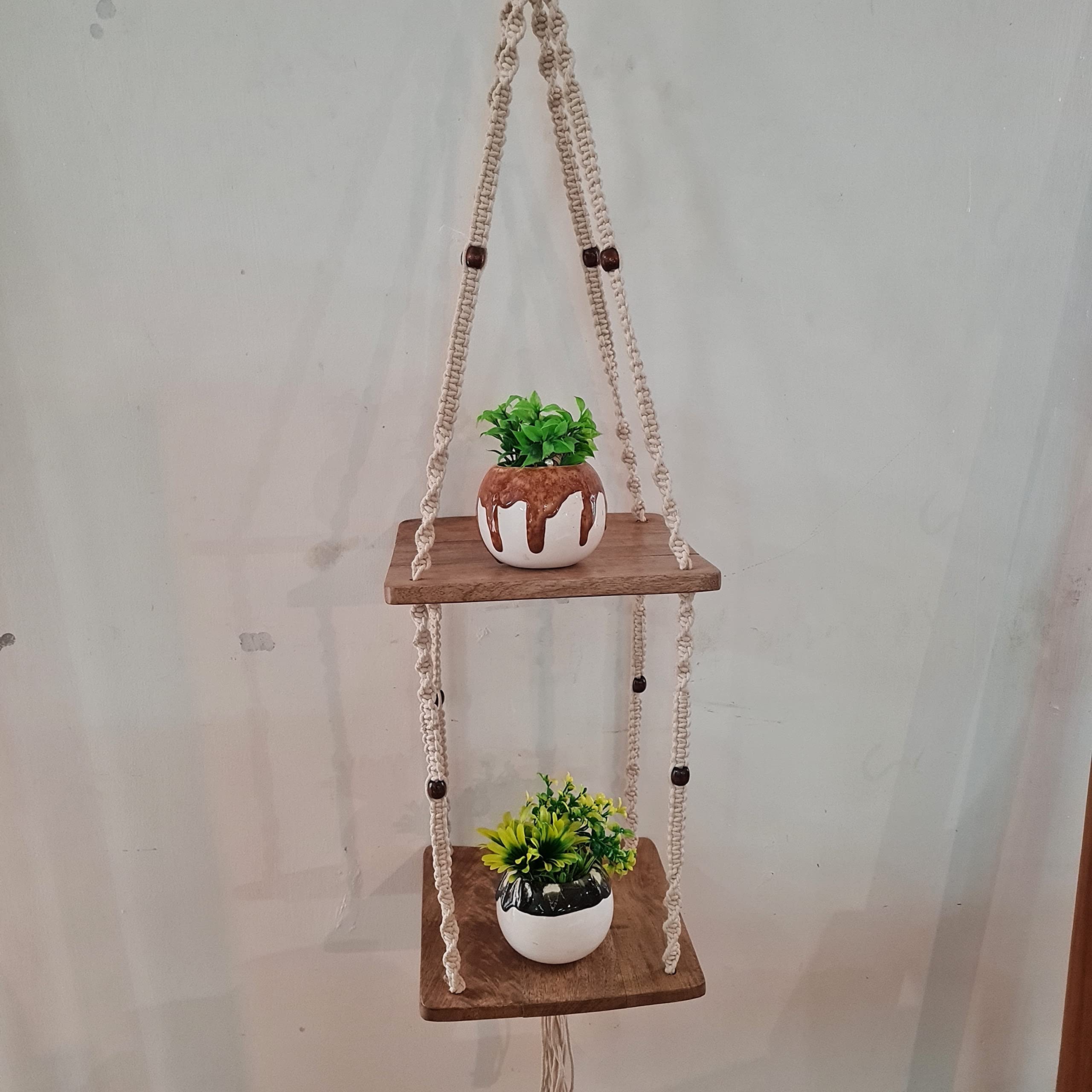 OAM Elegant Hanging Shelf - Wood Hanging Shelves - Farmhouse Rope Shelves for Bedroom Living Room Bathroom | Hanging Plant Shelf - Square 2 Tier Floating Shelf (Triangle Mount) | Black Beads