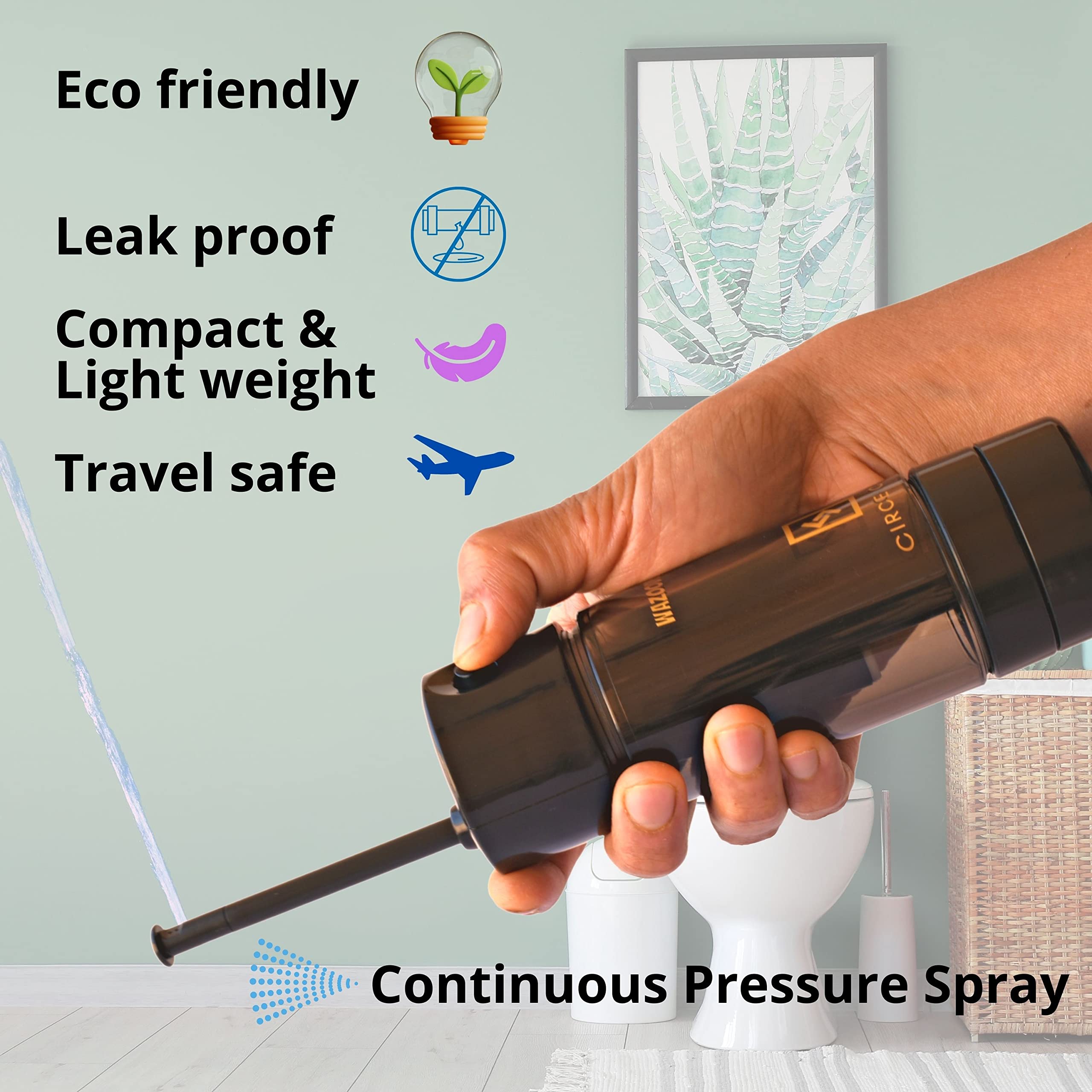 CIRCE CARE Portable Travel Bidet with Pressure Pump, No Battery, No squeezing; Mini Eco Handheld Personal Bidet Sprayer; for Camping & Outdoors; Peri Bottle for Postpartum, Hemorrhoid, Perineal Care