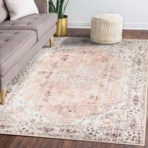 mujoo 5'x7' area rugs pink machine washable boho rug for bedroom,living room, laundry room kitchen non slip carpet abstract soft low-pile floral