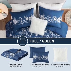 Intelligent Design Queen Duvet Cover Set Cosmic, Moon and Sun Celestial Print Duvet Cover Queen Size, Lightweight All Season Bedding Cover Queen, Sham, Décor Pillow, Stella, Full/Queen, Navy 5 Piece