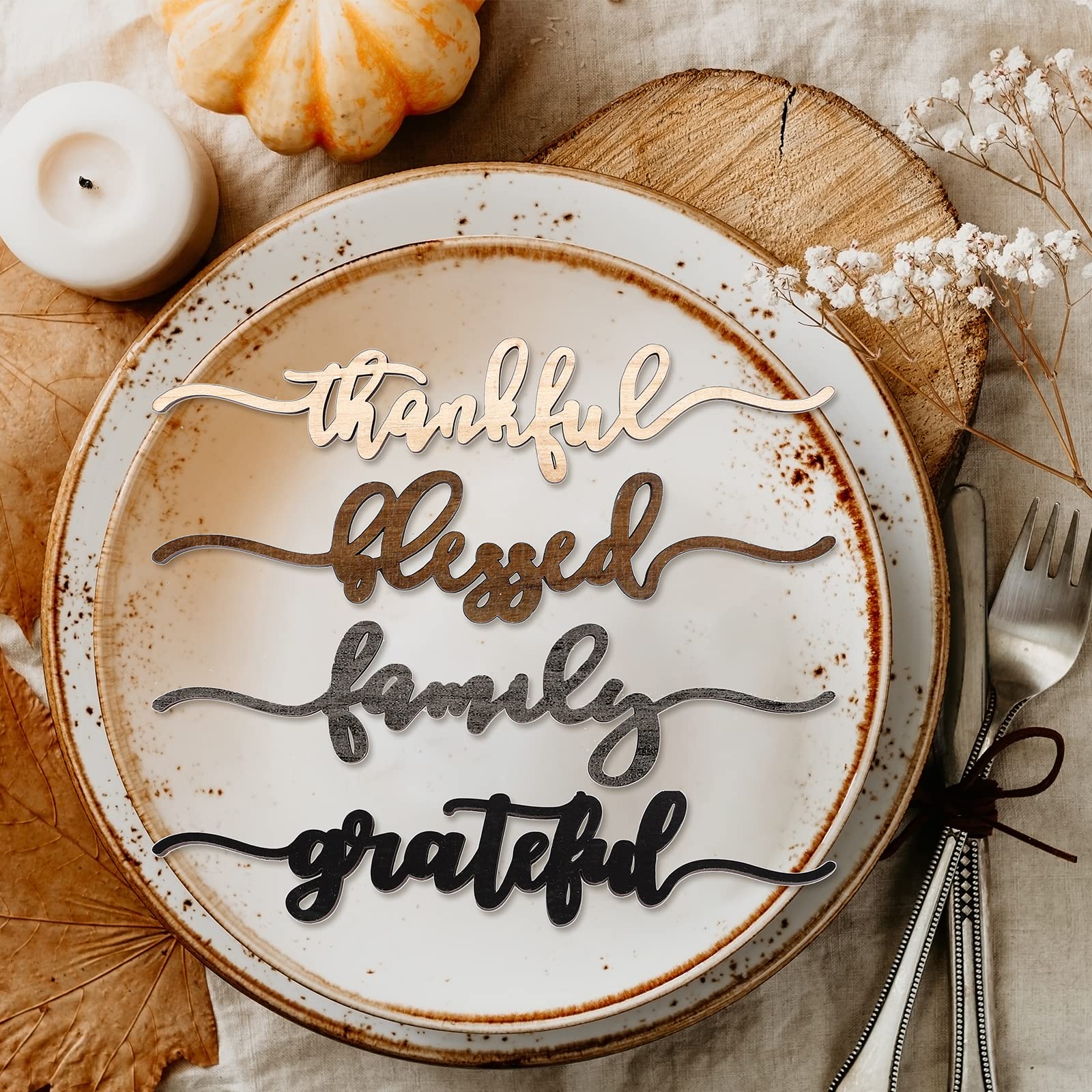 Whaline 12Pcs Fall Thanksgiving Plate Decoration Grateful Thankful Blessed Family Wooden Cutout Cards Sign Autumn Harvest Table Plate Ornament for Home Table Farmhouse Party Supplies