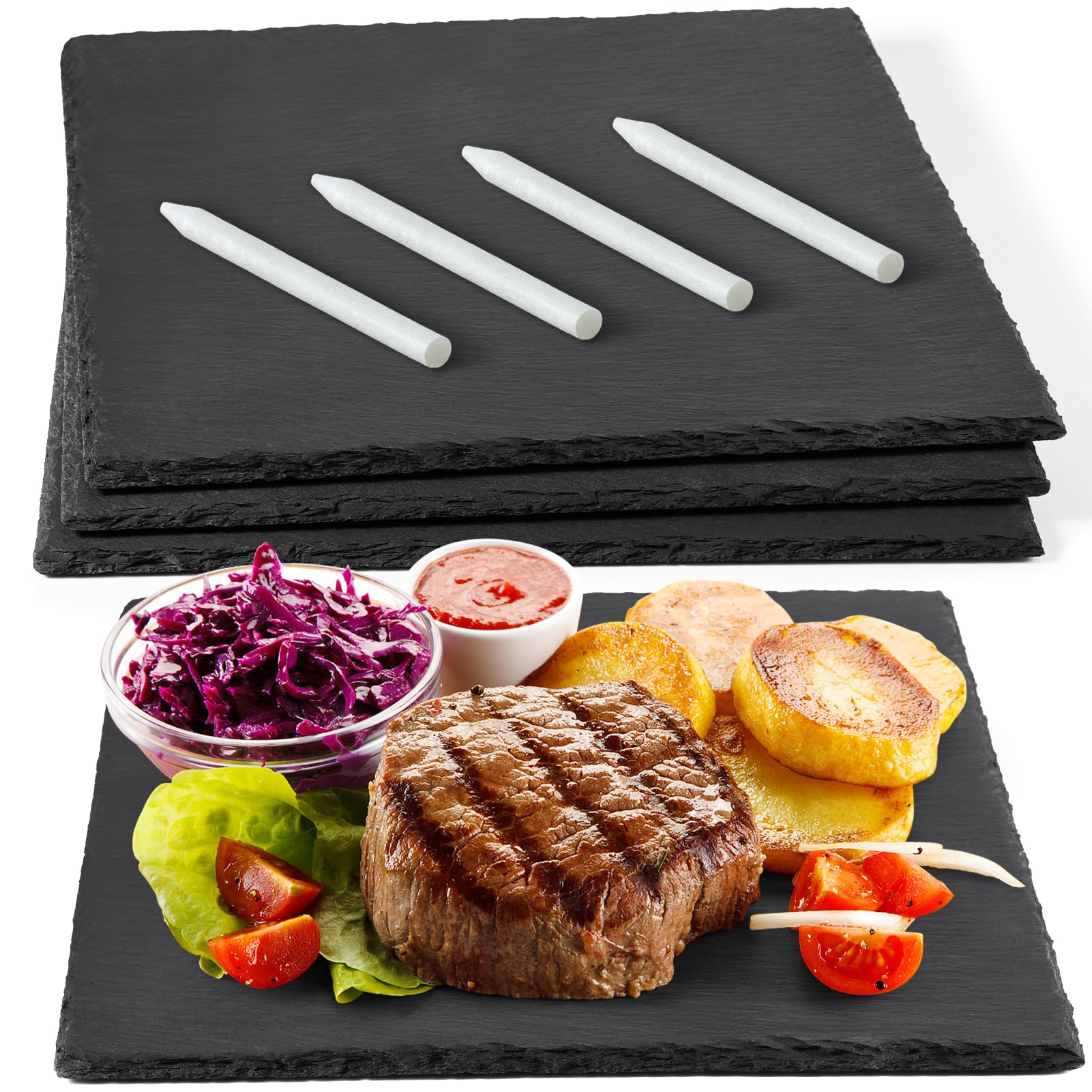 GOH DODD 12 x 12 Inch 3 Pieces Slate Cheese Boards, Square Black Stone Plates Placemats Gourmet Serving Tray Display Chalkboard for Charcuterie Meat Fruit Meat Appetizers Fruits Sussi Christmas