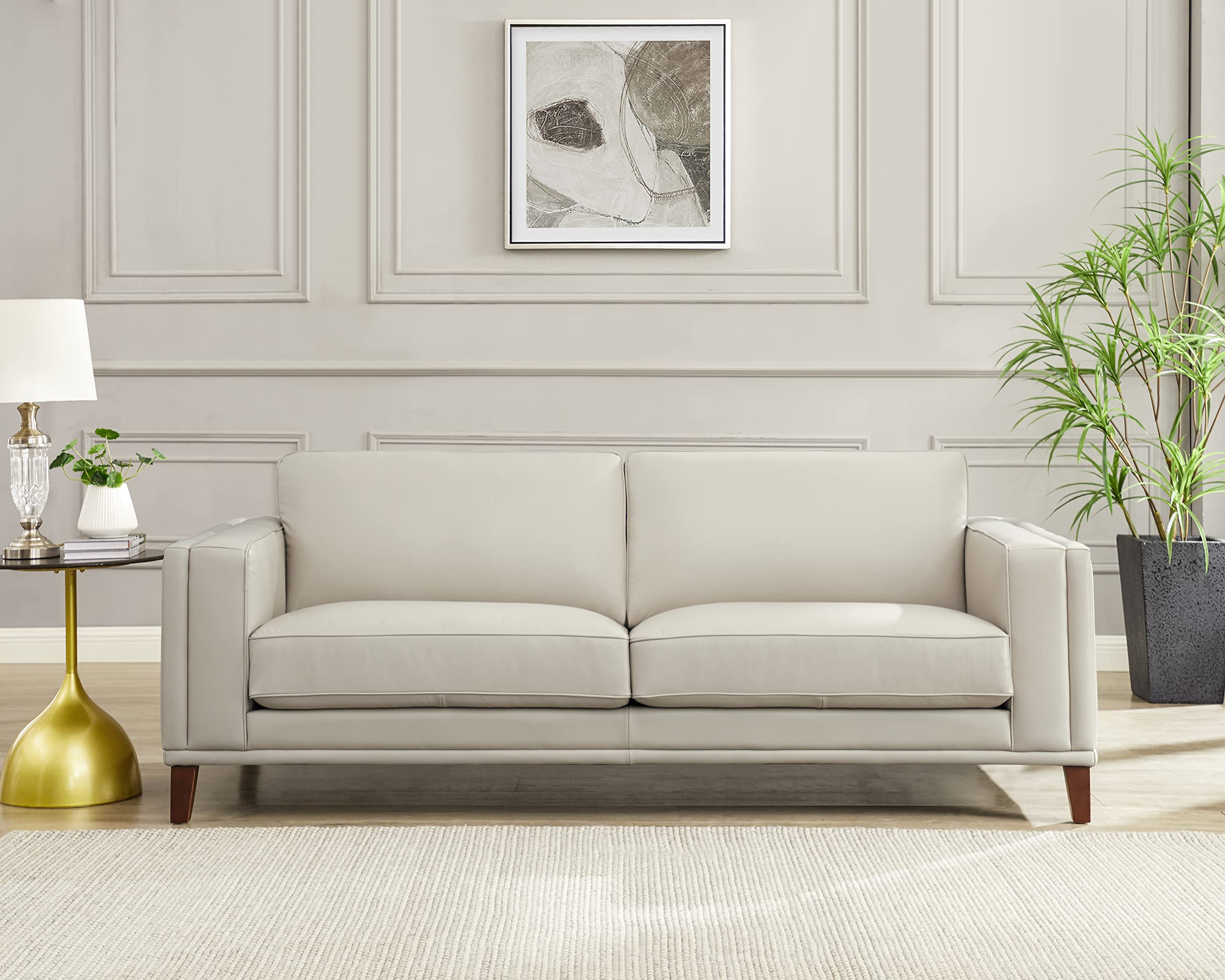 Hydeline Lyon Top Grain Leather Sofa Couch, 89", Vanilla, Feather Down, Memory Foam and Springs Seating