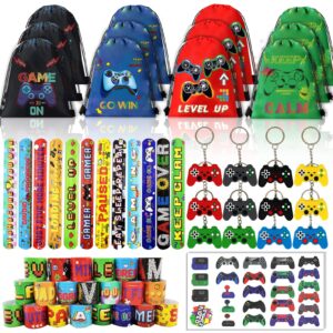 61 pcs video game party favors, gamer party favors bags includes 12 pcs16 x 13 inch video game party drawstring bags slap bracelets keychains tattoo stickers for kids gaming party favors