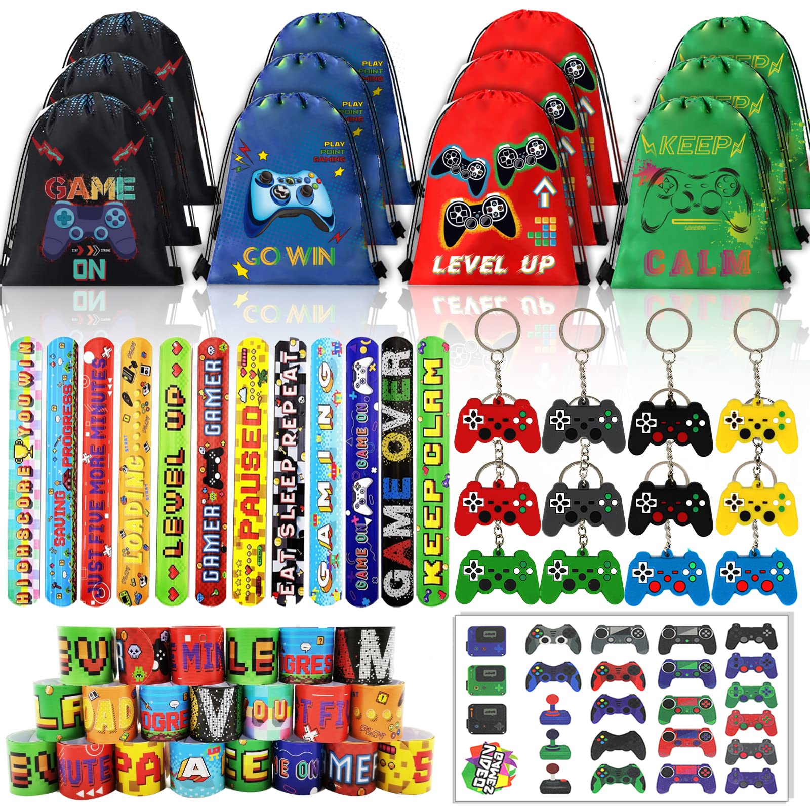 61 Pcs Video Game Party Favors, Gamer Party Favors Bags Includes 12 Pcs16 x 13 Inch Video Game Party Drawstring Bags Slap Bracelets Keychains Tattoo Stickers for Kids Gaming Party Favors