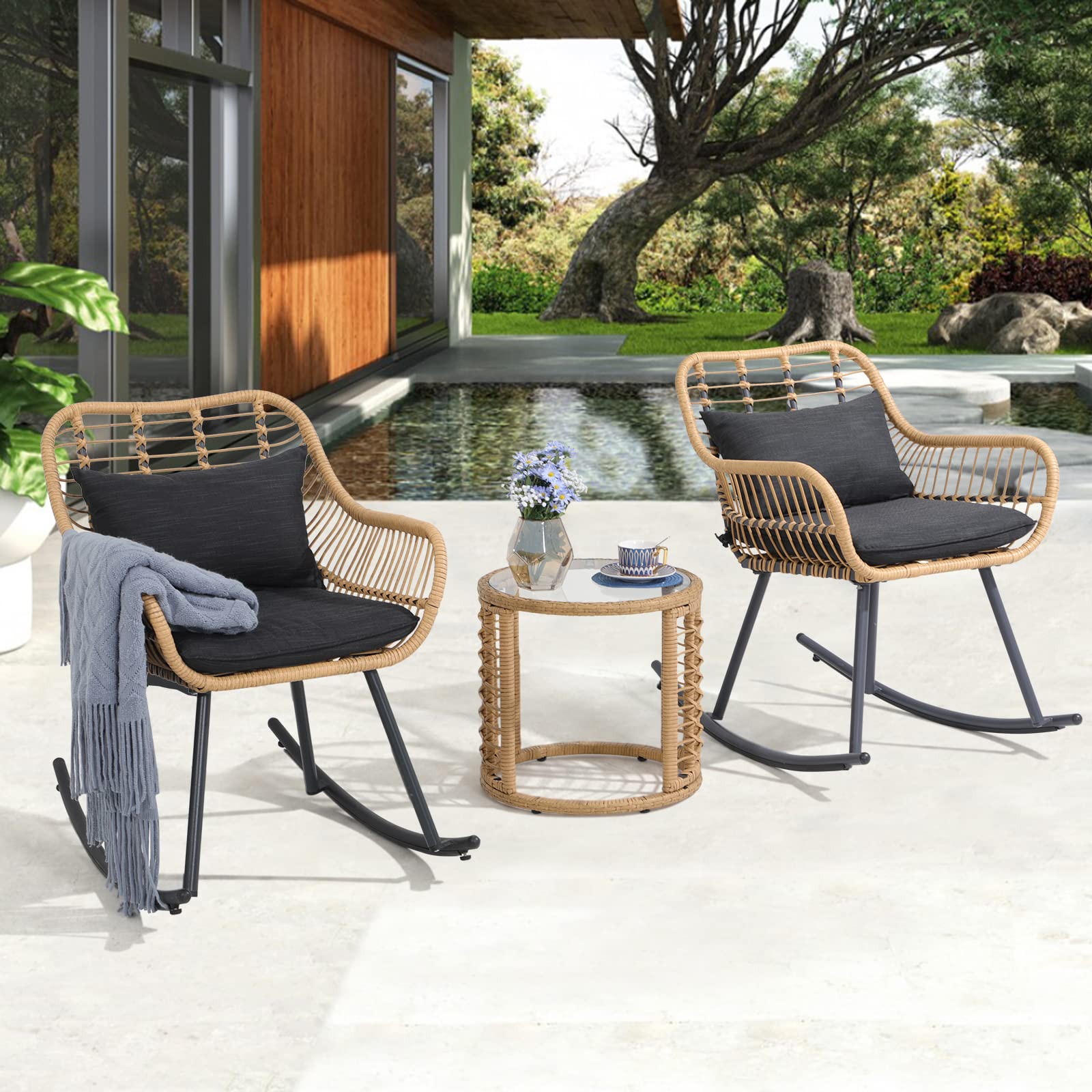 JOIVI 3 Piece Outdoor Rocking Chair Set, PE Wicker Patio Porch Furniture Set, Rocking Bistro Conversation Set with Glass Coffee Table and Black Cushions for Balcony, Garden, Front Porch, Indoor