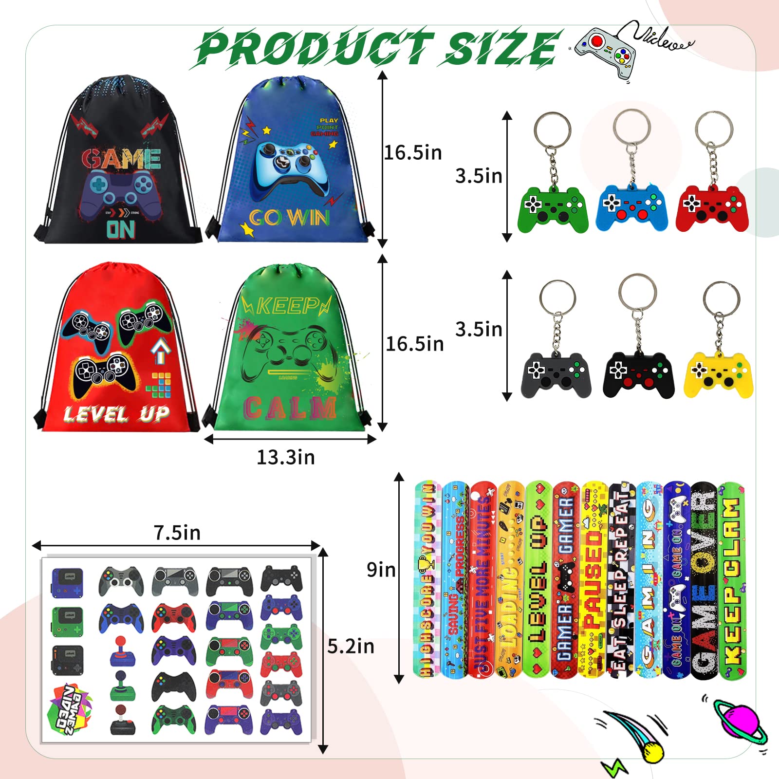 61 Pcs Video Game Party Favors, Gamer Party Favors Bags Includes 12 Pcs16 x 13 Inch Video Game Party Drawstring Bags Slap Bracelets Keychains Tattoo Stickers for Kids Gaming Party Favors