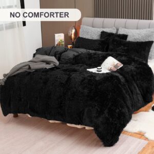 Fluffy Plush Black Duvet Cover Set, Luxury Ultra Soft Velvet Fuzzy Comforter Cover Bed Sets 4Pcs(1 Faux Fur Duvet Cover + 2 Pillow Cases + 1 Pillow Cover) Zipper Closure (Queen, Black)