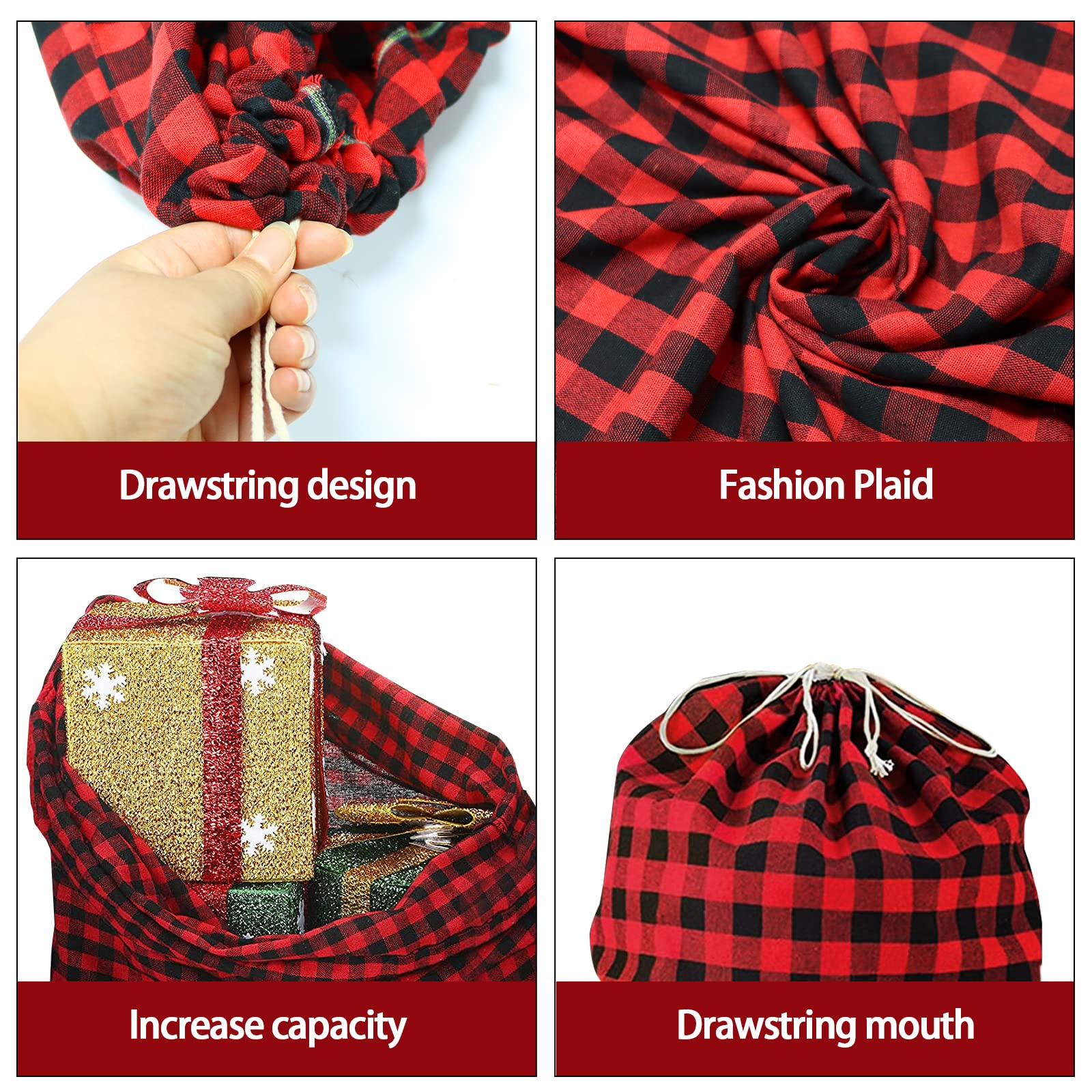 35''x55''Jumbo Christmas Drawstring Gift Bags,2PCS Cotton Santa Bag, Buffalo Plaid Christmas Gift Bags Santa Sack with Drawstring,Heavy Christmas Bags for Christmas Holiday Gift Giving and Party Decor